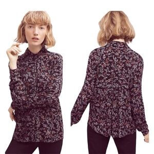 ANTHROPOLOGIE Maeve Floral Pleated Button-Down Shirt Navy Blue 6 Cottagecore